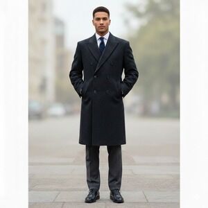 Strathmore Black Double Breasted Wool Cashmere Blend Overcoat Sz 48R Formal‎